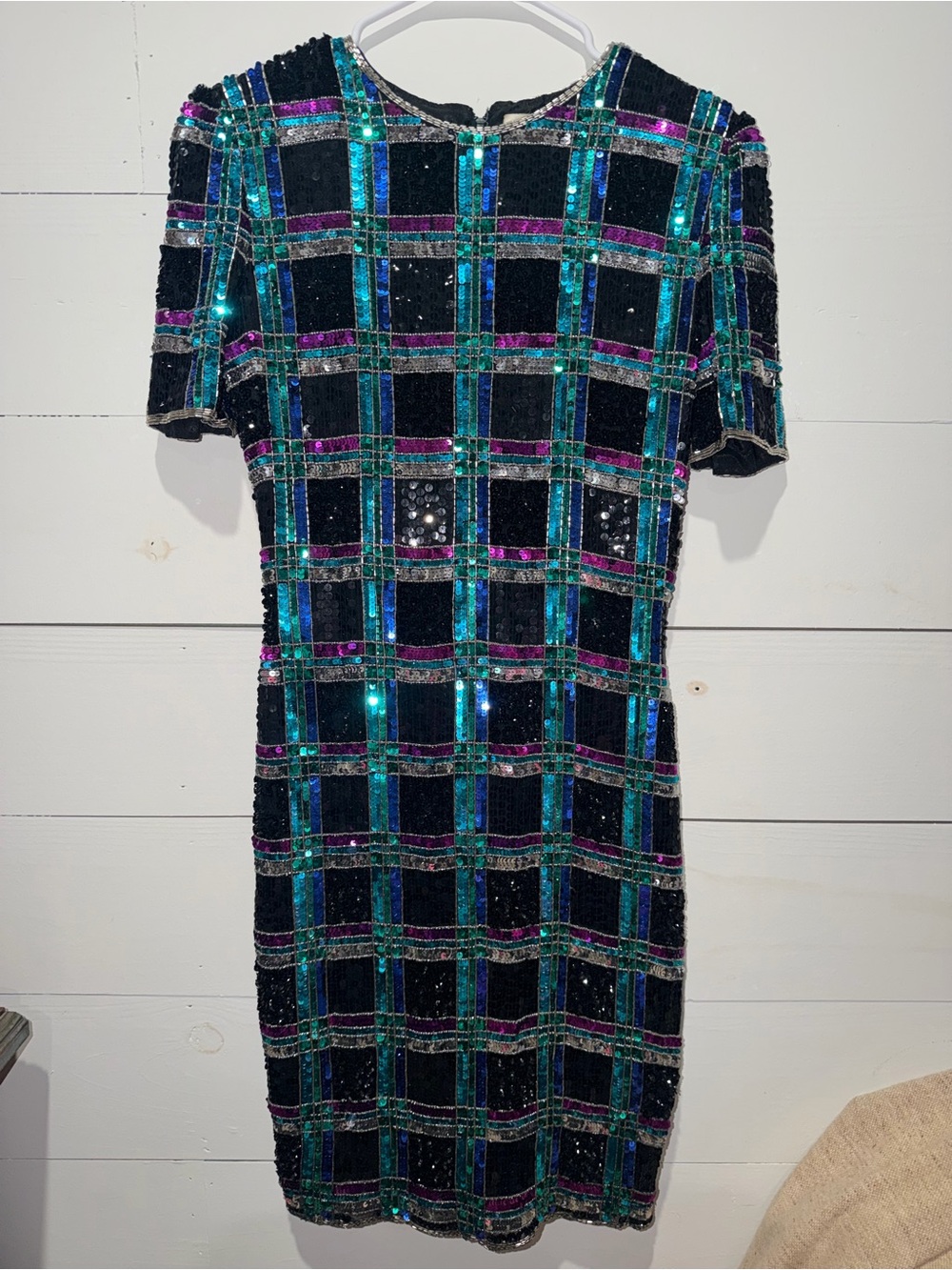 Leslie Fay Black Sequin Plaid Dress with Teal & Purple Accents